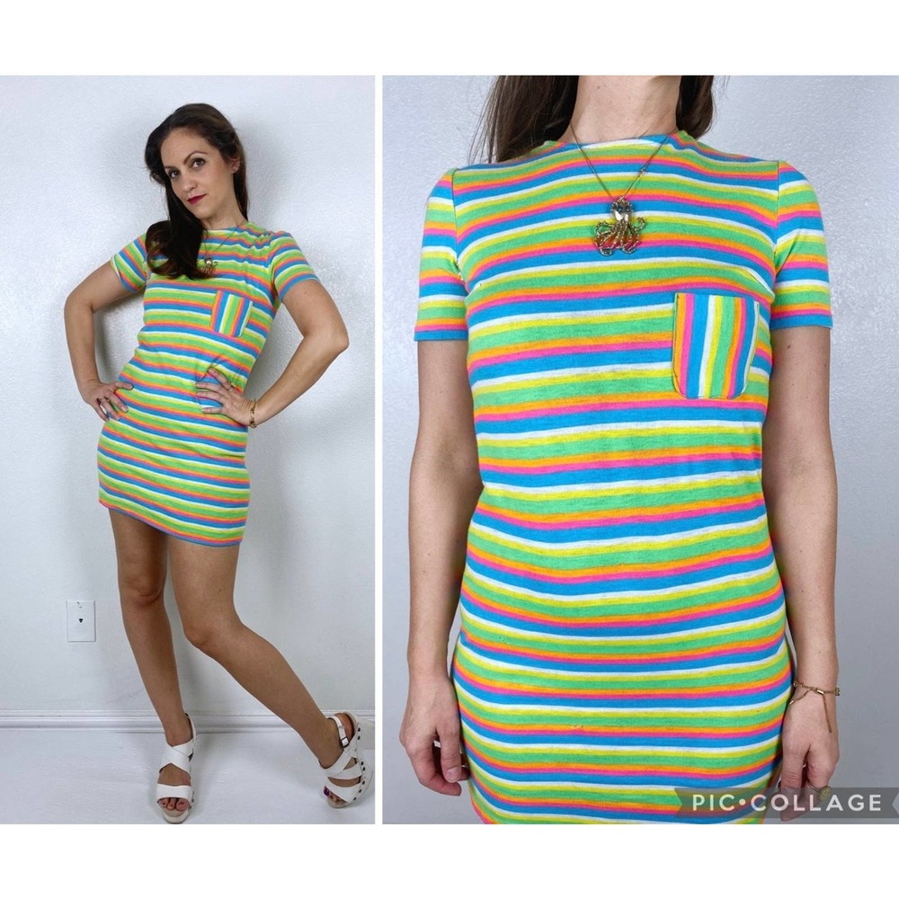 vintage 60s RAINBOW STRIPED Day Glo Mini DRESS xs/s groovy psychedelic neon mod